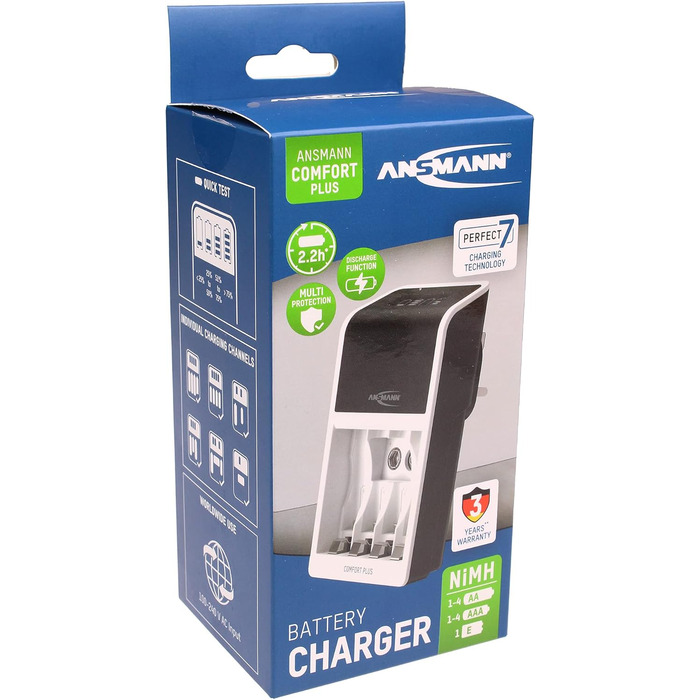 Зарядний пристрій ANSMANN Comfort Plus для акумуляторів типу AA, AAA та 9V з 3-контактним штекером для Великої Британії, швидка зарядка та швидке тестування ємності