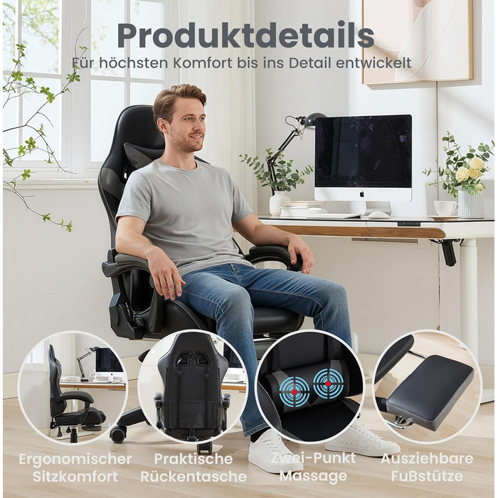 Ергономічне шкіряне ігрове крісло з поворотом на 360, регульоване по висоті з підніжкою, підголівником та поперековою опорою, гоночний дизайн для офісу та ігор, чорно-сірий колір, 64,5x52x116,5 см