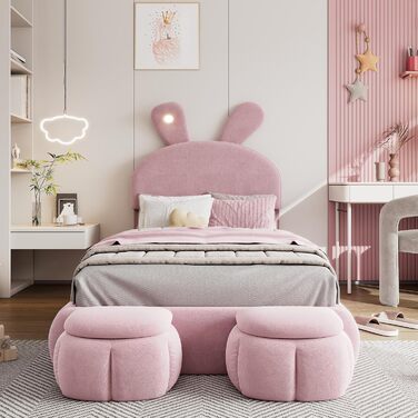 М&39яке ліжко 90x200 см, дитяче ліжко з 2 табуретами для зберігання речей та світлодіодним приліжковим освітленням, розкладні вушка зайчика, каркас ліжка зі світлодіодним освітленням для дівчаток, дитяче ліжко з рейковою основою, оксамит, рожевий, без мат