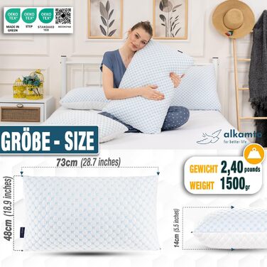 Регульована гелева подушка Alkamto 73x48 см охолоджувальна подушка з піни з ефектом пам&39яті з двостороннім чохлом з крижаного шовку та віскози ідеально підходить для сну на спині, животі та на боці розмір queen-size для спокійного сну 73x48x14 см
