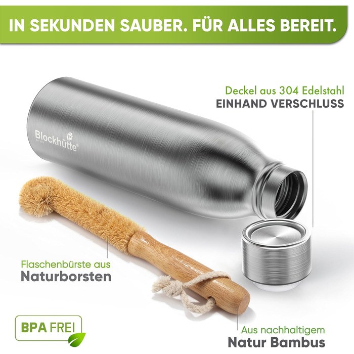 Термос з нержавіючої сталі Log Cabin 1 л Пляшка для води з нержавіючої сталі, підходить для газованих напоїв, герметична, можна мити в посудомийній машині, ідеально підходить для спорту, походів, дітей - без BPA 1000 мл, матова нержавіюча сталь