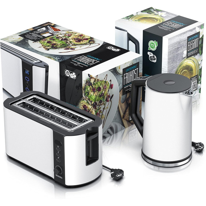 Чайник з набором тостерів нержавіюча сталь білий матовий, чайник 1,5 л 40 - 100 функція збереження тепла тостер 4 скибочки LED-дисплей 6 ступенів підрум'янювання Насадка для булочки