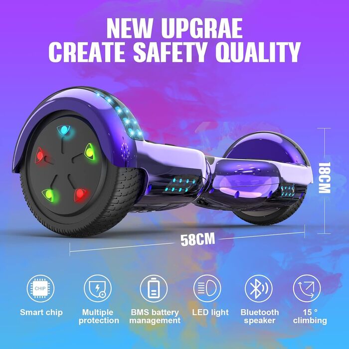 Гіроскутери GeekMe 6,5 дюймів з двома двигунами, 2 колесами та світлодіодними ліхтарями, Bluetooth, фіолетовий колір