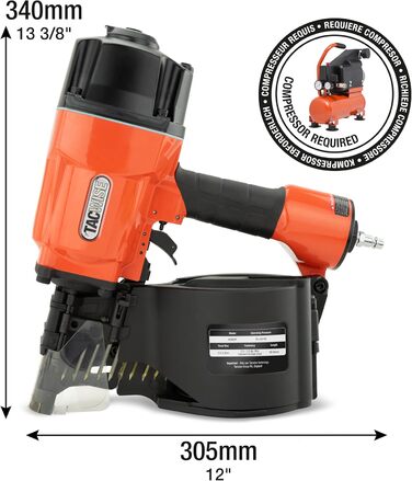 Пневматичний котушковий цвяхозабивач Tacwise HCN83P, використовує плоскі котушкові цвяхи, 38 - 83 мм