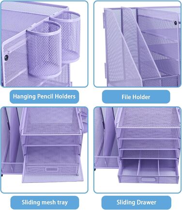 Органайзер для столу, тримач для файлів з 2 тримачами для ручок, 5 рівнів, лоток для паперів та листів з шухлядою, сітчастий настільний органайзер з тримачем для журналів та канцелярського приладдя, фіолетовий/фіолетовий, 5 рівнів