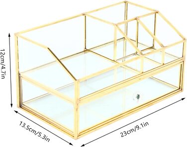 Коробка для зберігання косметики Futchoy - Органайзер для косметичного макіяжу - вінтажна щітка Hater Gold Metal and Glass - з 1 шухлядним косметичним органайзером - Настільна коробка для зберігання