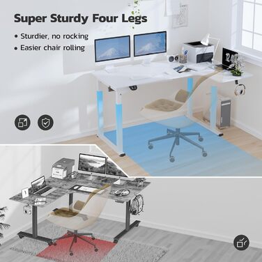 Електричний стіл Dripex з регульованою висотою 180x110 см, L-подібний стіл з регульованою висотою та подвійним двигуном, кутовий стіл з 4 ніжками для суперстійкості, дошка для зрощування, білий 180 x 110 см