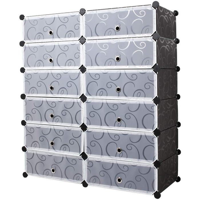 Взуттєва полиця Mondeer, 12 відділень, пластикове відділення для зберігання взуття, модульна пластикова полиця, взуттєва шафа для взуття, сумок та інструментів, з дверцятами, 91 * 36 * 105 см, чорна з друкованим декором