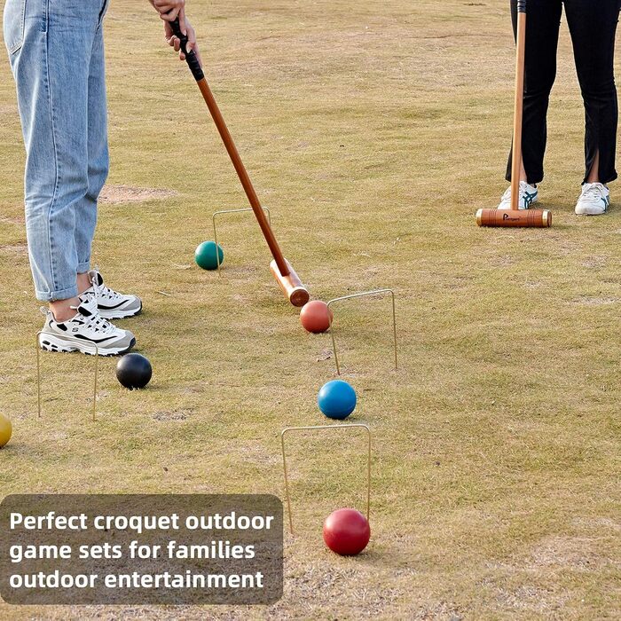 Набір для крокету Pointyard для 6 гравців, набір для крокету класу &quotлюкс&quot з дерев&39яними молотками, кольоровими м&39ячами, хвіртками та кілочками для дорослих/молоді/сім&39ї, ідеально підходить для газону/заднього двору/парку (включає сумку для п