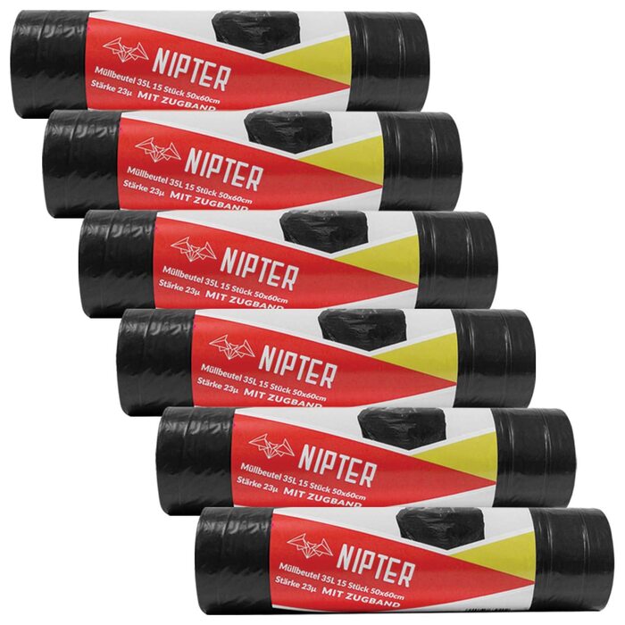 Екологічні пакети для сміття зі шнурком, 35 л, преміум-пакет для сміття, стійкий до розривів, герметичний, 23 мкм, 50x60 см, чорний, 15 пакетів для сміття в рулоні, 6 рулонів