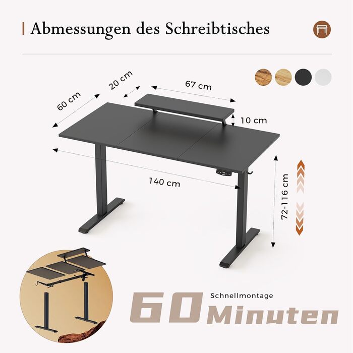 Стіл Klicelor з регульованою висотою та рухомою підставкою для монітора, 140x60 см, стіл для роботи сидячи/стоячи з 2 кнопками пам&39яті, 3-секційна стільниця, комп&39ютерний стіл, чорний 140 x 60 см