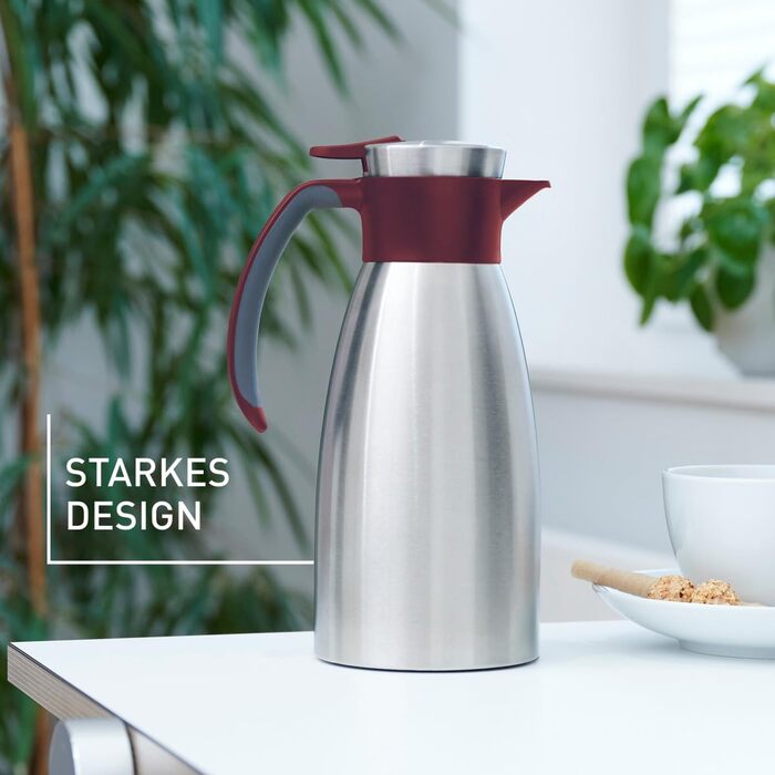 Ізольований графин Emsa Soft Grip, 1 літр, нержавіюча сталь, зберігає напої гарячими протягом 12 годин холодними протягом 24 годин, герметичний, нековзка ручка, винно-червоний, N4120200