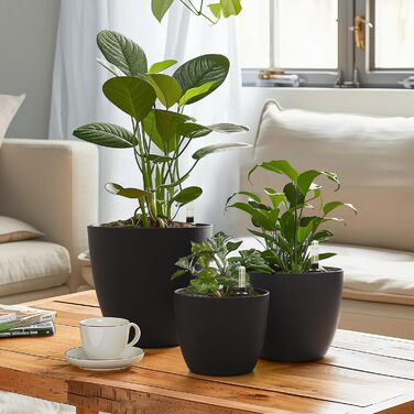 Квітковий горщик 15 см з самополивом та індикатором води, чорний, набір з 4 шт. , Самополивний кашпо/горщик з резервуаром для води для використання в приміщенні та на вулиці, чорний, 15,5*13 см, 4U