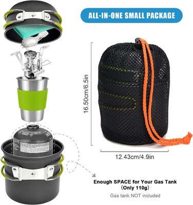 Набір посуду для кемпінгу Odoland, 10-предметний набір посуду для кемпінгу, алюмінієві кемпінгові горщики, чашки, складні столові прибори, міні-кемпінгова плита для пікніків та походів на свіжому повітрі, для 1 особи (A)