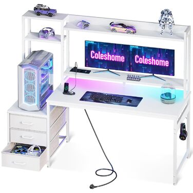 Ігровий стіл Coleshome з полицями та шухлядами, 13748 см Ігровий стіл зі світлодіодним освітленням та розеткою, комп&39ютерний стіл з полицями та підставкою для монітора, вуглецеве волокно білого кольору Карбонове волокно білого кольору 13748 см