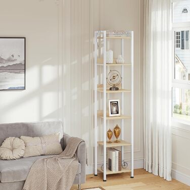 Ярусна полиця для зберігання WOLTU, кухонна полиця з 4 гачками, книжкова полиця в індустріальному стилі, окремостояча полиця для вітальні/кухні, вузька драбина, білий світлий дуб, 40x30x187 см, 6-