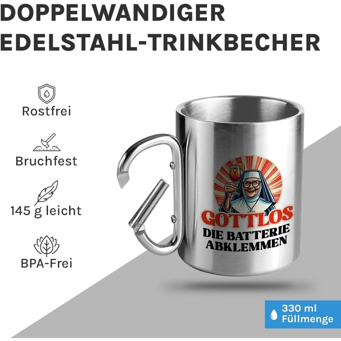 Чашка для пиття з нержавіючої сталі з карабіном Ідея подарунка 330 мл Чашка Келихи для кемпінгу Срібний