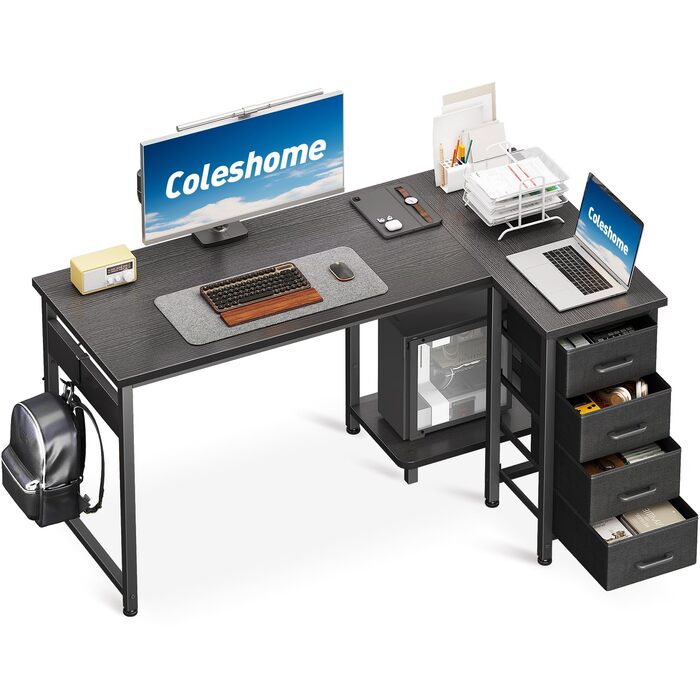 Кутовий письмовий стіл Coleshome, 120x70 см, L-подібний стіл з 4 шухлядами, двосторонній комп&39ютерний стіл для офісу, кабінету, спальні, чорний 120 70 см