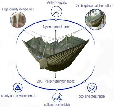 Ультралегкі кемпінгові гамаки з москітною сіткою на відкритому повітрі із захистом від сонця, гамак 2 особи 200 кг вантажопідйомність (260 x 140 см) - Army Green