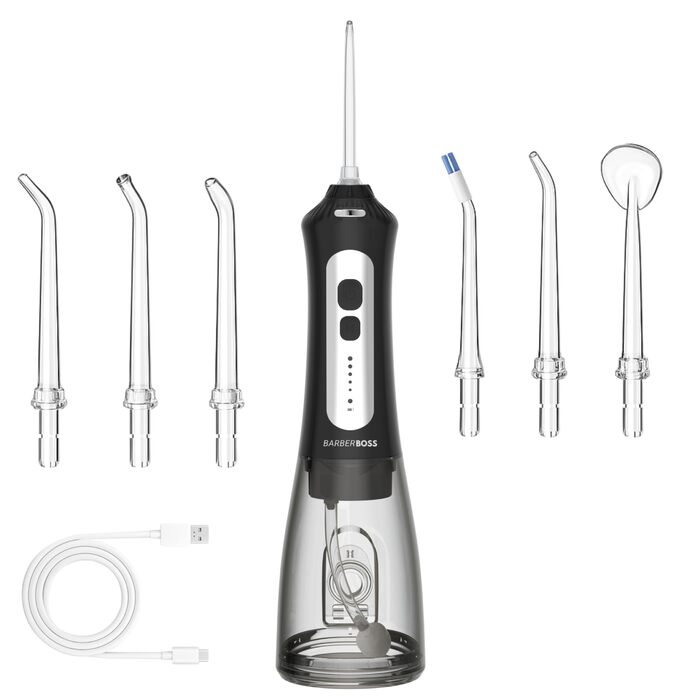 Портативний іригатор для ротової порожнини, USB-перезаряджуваний, з 5 рівнями тиску, 6 насадками, резервуаром на 300 мл, водонепроникний та бездротовий, для домашнього використання та подорожей