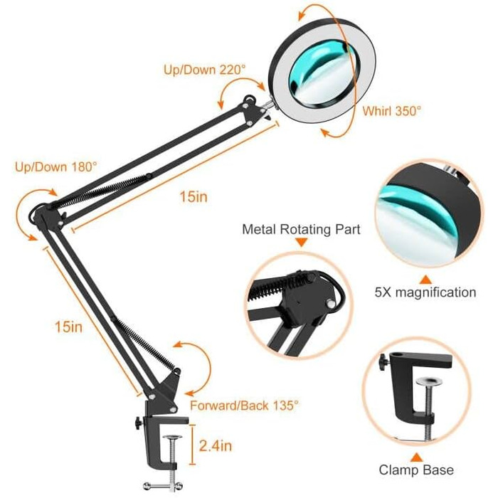 Світлодіодна лампа-лупа YOUKOYI, лампа-лупа із затискачем, поворотна настільна лампа, лампа для робочого місця, 5-кратне збільшення, затемнення, 3 колірні режими, чорний, скляна лінза 105 мм