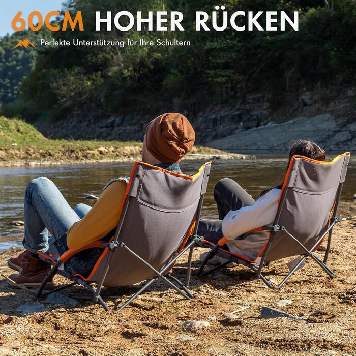 Складаний пляжний стілець Portal, легкий кемпінговий стілець, низькопрофільний, дихаюча тканина, вантажопідйомність 150 кг, портативний складний стілець з сумкою для перенесення та тримачем для напоїв для пляжу, саду, походів, сірий, 2 шт.