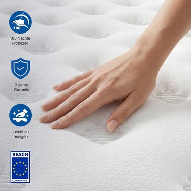 Матрац 140x200 см, висота 26 см, 7-зонний пружинний матрац, рівень жорсткості H3, гібридний матрац з 1000 пружинами та піною з ефектом пам&39яті, підтримка спини, ізоляція руху, зняття тиску, дихаючий 140 x 200 см