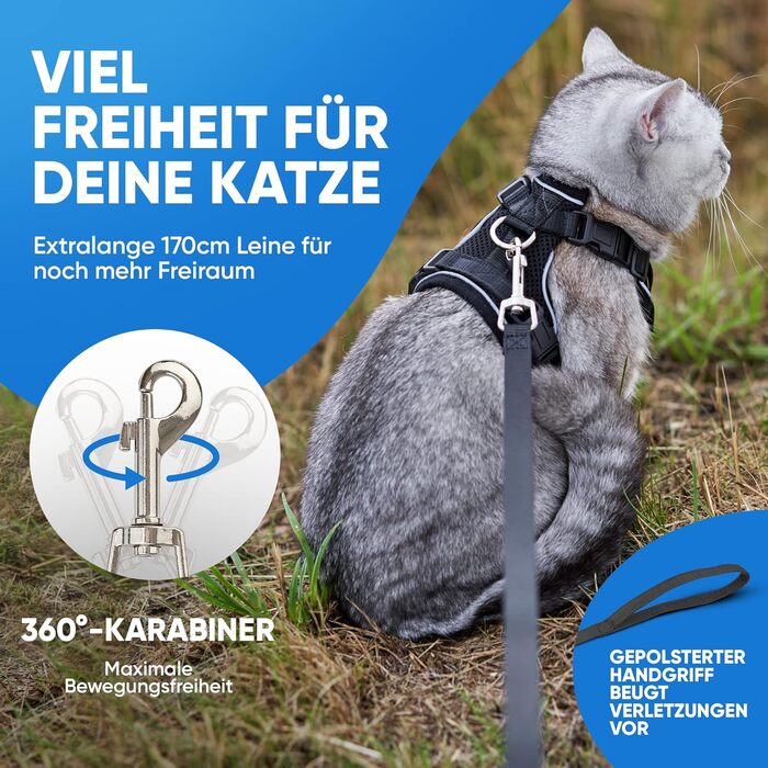 Шлейка для котів Blue Pawz з повідком - 170 см Шлейка для котів, захищена від втечі та високоякісна Повідець зі шлейкою для котів Шлейка для котів для незабутніх моментів (XS), чорна