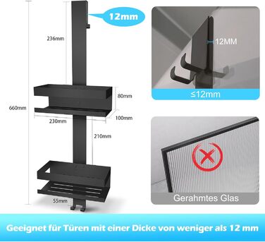 Підвісна полиця для душу з нержавіючої сталі SUS304, без свердління для скляних дверей без рами, тримач для шампуню та гелю для душу, чорний колір (Стиль А)