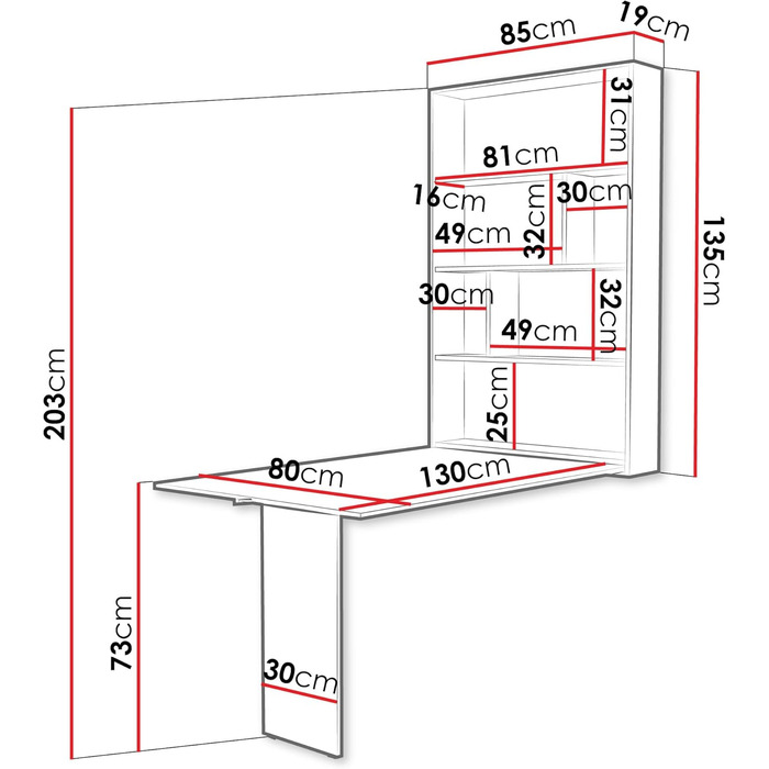 Настінний стіл Mirjan24 Albi, настінний розкладний стіл з 2 полицями, V-подібний стіл, обідній стіл, ідеально підходить для їдальні, кухні, розкладний стіл, барний стіл (Кашемір)