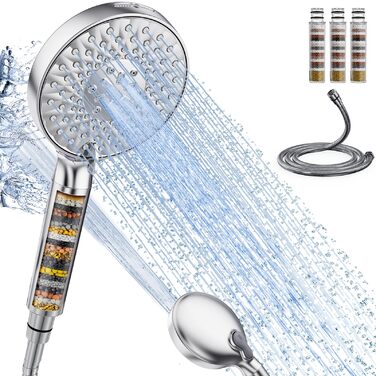 Душова лійка SR SUN RISE з фільтром, шланг та картриджі для фільтрації, 9 режимів розпилення з 4-ступеневим фільтром води, високий тиск для жорсткої води, видаляє залишковий хлор, важкі метали та бактерії, хромоване покриття з іонами срібла