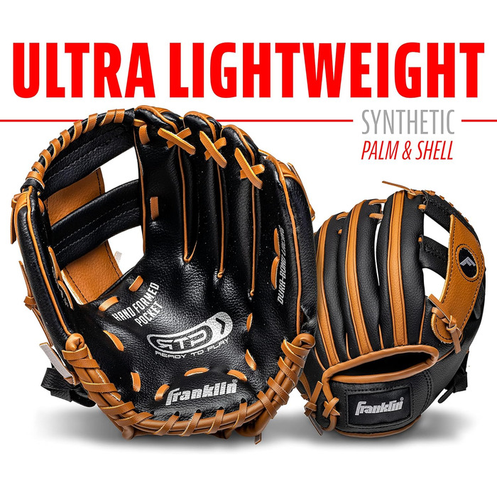 Дитячі бейсбольні рукавички Franklin Sports RTP набір рукавичок для тиболу м&39яч хлопчики дівчатка, набір рукавичок для тиболу діти малюки 9,5 дюймів, чорні/коричневі, підходять для праворуких гравців
