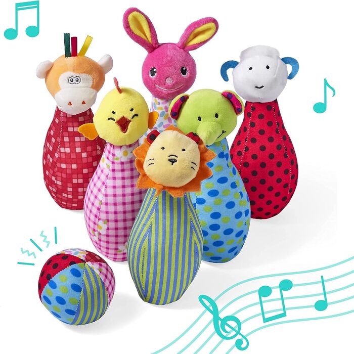 Набір для боулінгу THE TWIDDLERS з 6 плюшевих іграшок та 1 м&39яча з брязкальцем, набір для боулінгу для немовлят та малюків - м&39який та миється - подарунковий набір на дні народження та Різдво