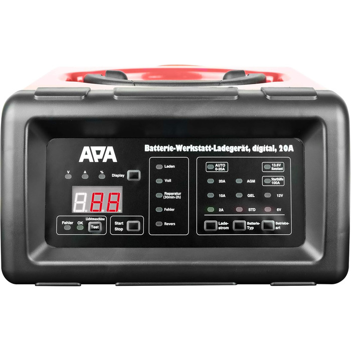 Зарядний пристрій для майстерні цифровий, зі швидким стартом, функцією утримання заряду, 20 А, червоний, чорний, струм заряду 20 А