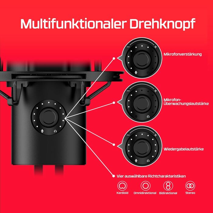 Мікрофон для ігор, потокового мовлення та подкастингу, датчик вимкнення, світлодіодне підсвічування, запис 24 біт/96 кГц, 4 полярн