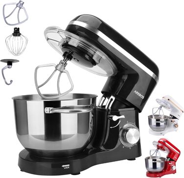 Кухонний комбайн Arebos 1500 Вт з чашею для змішування з нержавіючої сталі об'ємом 6 л Чорний з гачком для змішування, гачком для тіста, вінчиком Захист від бризок 6 швидкостей Тістомісильна машина Тістомісна машина