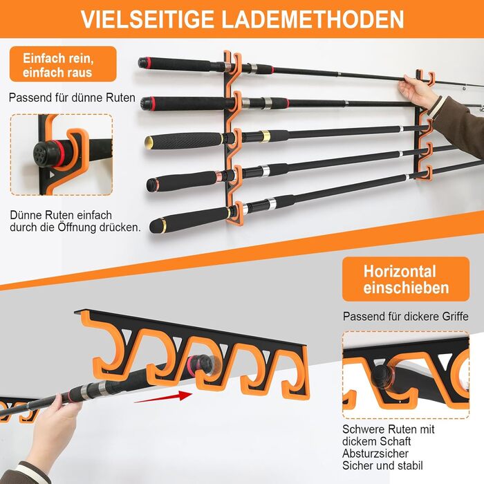 Тримачі для вудок tonhui, горизонтальні, настінні та стельові, з 2 кріпленнями, гараж для вудок з м&39яким PU-захистом, підставка для 10 вудок, стійке до подряпин зберігання вудок (чорний/жовтий)