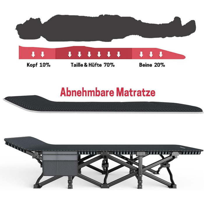 Розкладне кемпінгове ліжко, розкладне гостьове ліжко до 200 кг, міцне, портативне, шезлонг у формі сумки для подорожей, зручне