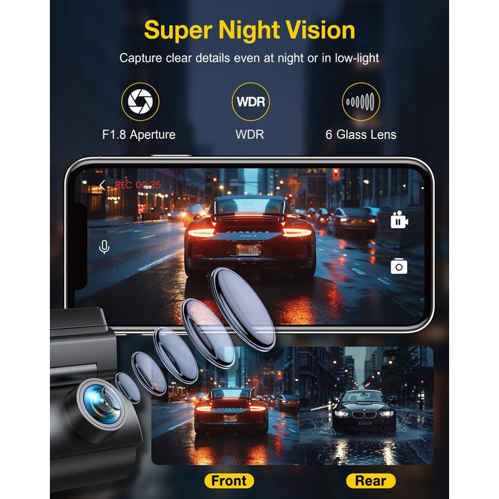 Відеореєстратор автомобільний передній задній, 5 ГГц WiFi GPS, подвійний відеореєстратор, 1.5 IPS міні-автомобільна камера з 64 ГБ