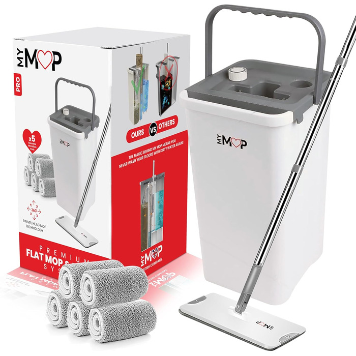 Набір з плоскої швабри та відра, 3-камерна система очищення, розділяє чисту та брудну воду, головка, що обертається на 360, 5 воло