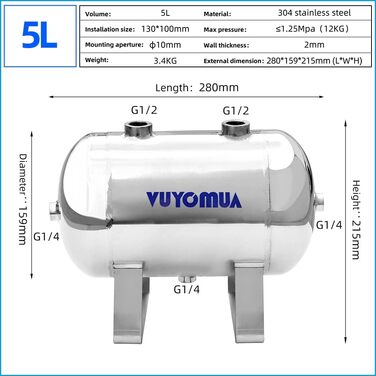 Міні-невеликий портативний повітряний бак високого тиску з нержавіючої сталі Резервуар для зберігання води з повітряним резервуаром (0,8 л-SG) (5 л-SG), 304