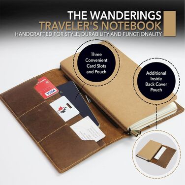 Шкіряний блокнот Wanderings з кишенями - 22 x 11,5 см - Поповнюваний щоденник подорожей з чистим папером для запису та організації або як блокнот, щоденник, вінтажний планер, коричневий