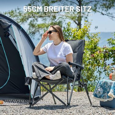 Складаний кемпінговий стілець TIMBER RIDGE, широке сидіння 55 см XXL, м&39який, висока спинка, вантажопідйомність 150 кг, з бічною кишенею, підходить для кемпінгу, саду, балкону, , сірий