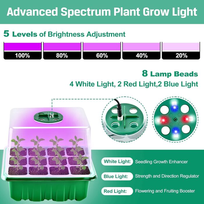 Коробка для розмноження DazSpirit для кімнатної теплиці з 5 упаковками з освітленням, міні-набір для розмноження для теплиць, освітлення рослин із таймером і регульованою яскравістю, лотки для розмноження розсади для теплиць, садівництво
