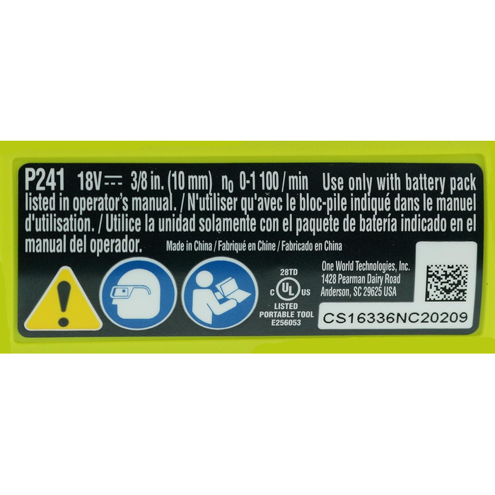 Дриль-шуруповерт прямокутний, 18 В, акумулятор, 1100 об/хв, 3/8 дюйма (тільки інструмент), 241