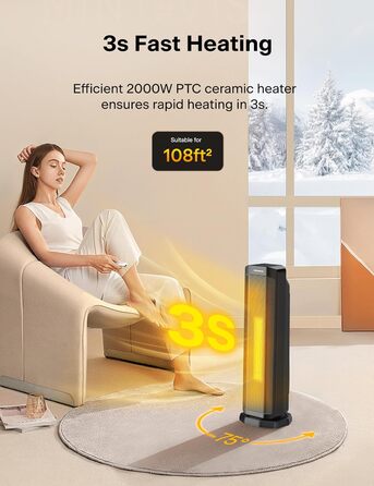 В 1 Електричний кімнатний обігрівач 2000 Вт з пультом дистанційного керування, енергоефективний, портативний керамічний нагрівач,