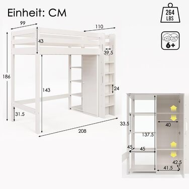 Дитяче ліжко-горище односпальне ліжко 90x200 для дітей, дерев'яне ліжко-будиночок з шафою та 4 полицями для зберігання, каркас ліж