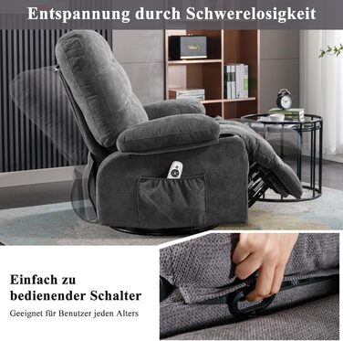 Крісло Bosmiller з функцією відкидання, масажне крісло, велике крісло для телевізора, поворотне на 360, підігрів, регульоване, тканинне крісло, сірий колір