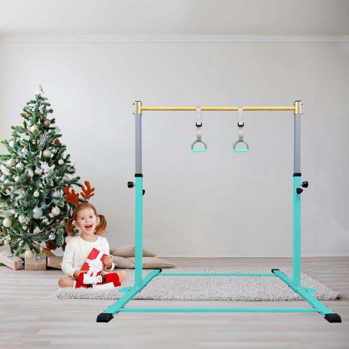 Гімнастичний гриф HomeSun для дітей, міцний нахилений гриф з кільцями, горизонтальний гімнастичний гриф для домашніх тренувань, регульована висота 90-150 см, тренажер до 100 кг, вік 3-15 років, бірюзовий