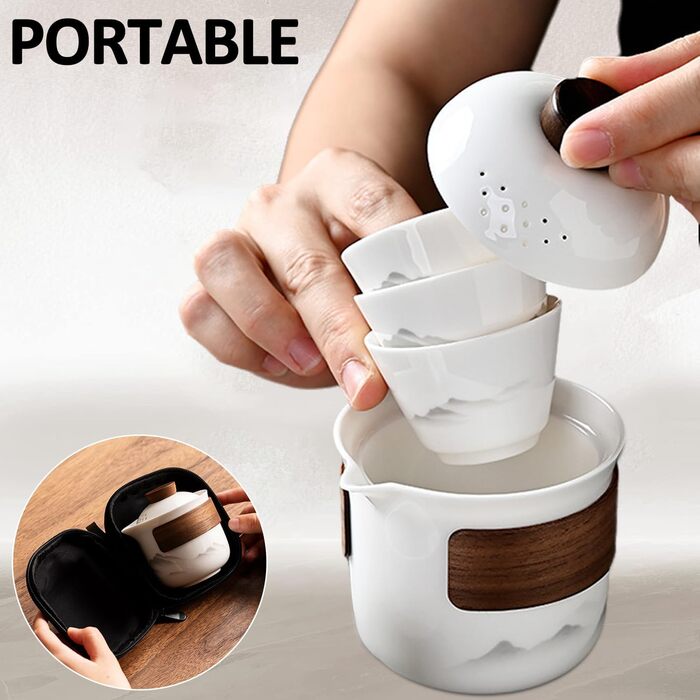 Порцеляновий набір для чайної церемонії Гунфу, портативний керамічний чайник, міні-набір для подорожей Все в одному, для дому, подарунка, кемпінгу, пікніка, офісу, бізнесу та готелю